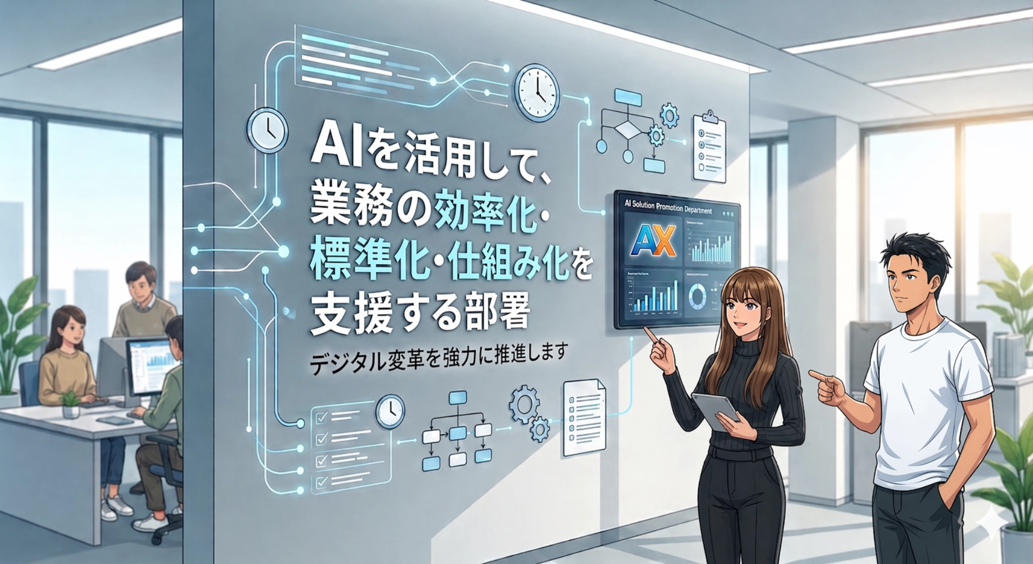 「AIを活用して、業務の効率化・標準化・仕組み化を支援する部署」というメッセージが映し出されたデジタル壁面を背に、AX事業部のメンバーが対話しているモダンなオフィス風景のイラスト