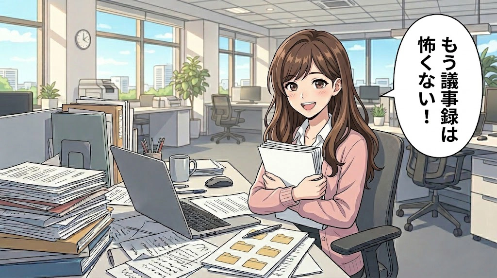 AIを活用して議事録作成の負担から解放され、笑顔で「もう議事録は怖くない！」と喜ぶ女性社員
