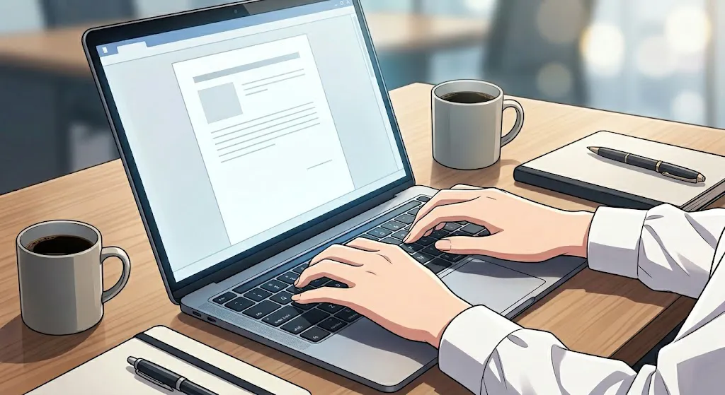 パソコンでAIツールを操作しドキュメントを作成する手元