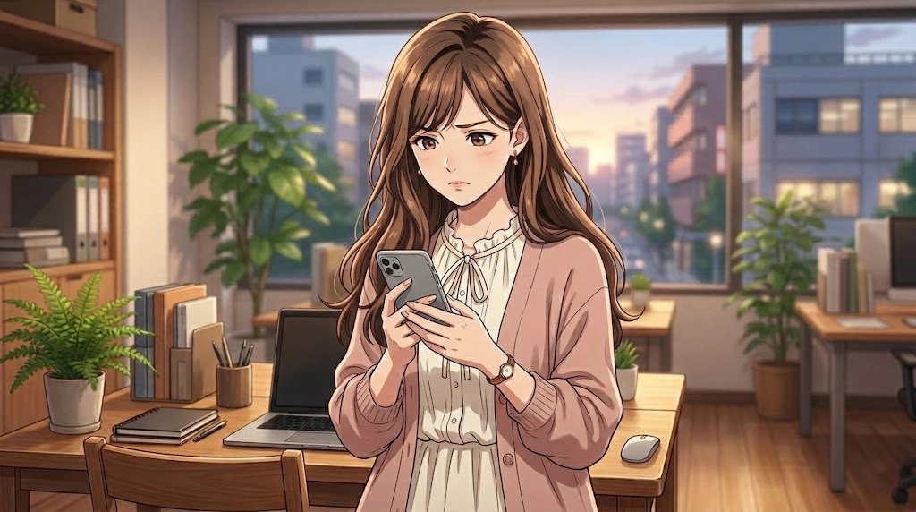 オフィスでスマートフォンを両手で持ち、敬語の使い方が合っているか悩んでフリーズしている20代女性。