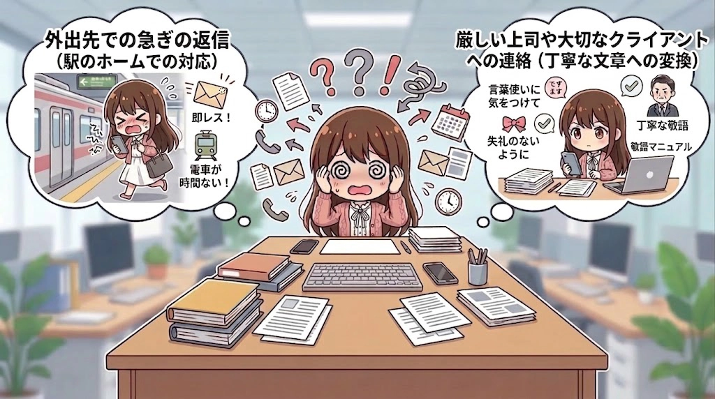 デスクで頭を抱えてパニックになっている女性と、外出先での急ぎの返信や上司への丁寧な連絡といった悩ましい状況を描いた吹き出しのイラスト。