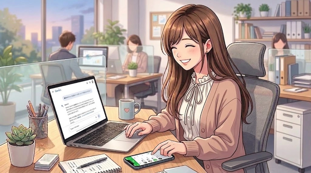 デスクでノートパソコンとスマートフォンを使い、笑顔でスムーズに作業を進める20代女性。