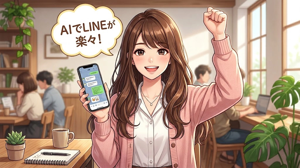 スマートフォンを持ち笑顔でガッツポーズをする20代女性社員