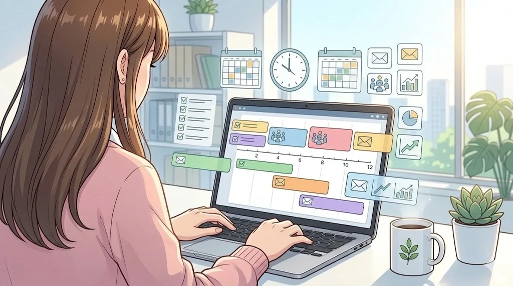 ラップトップに向かうビジネスウーマンを背後から見たショット。画面には、AIによって最適化・生成された詳細なガントチャートやタイムライン形式のスケジュールが表示されている。未来志向のオフィス環境。