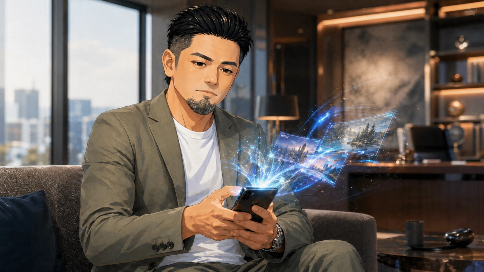 スマホに向かい画像生成を始めるBOSS