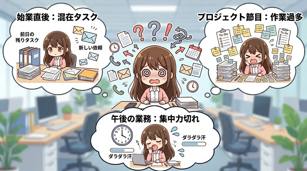 マルチタスクに追われて目を回し、パニックになっているちびキャラの小久保さくらこを中心に、始業直後、プロジェクトの節目、午後の業務の3つの具体的なパニックシーンを解説するビジネスインフォグラフィックイラスト
