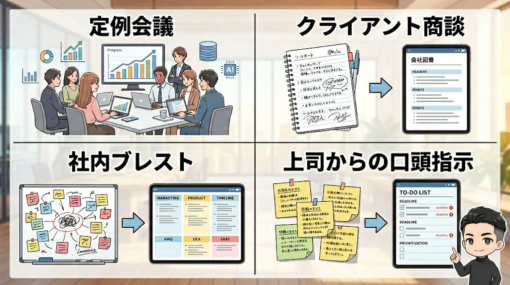 Geminiを活用した4つの具体的なビジネスシーン（定例会議、クライアント商談、社内ブレスト、上司からの口頭指示）において、手書きメモやホワイトボードのアナログ情報がデジタルデータ化されるプロセスを示す図解インフォグラフィック。