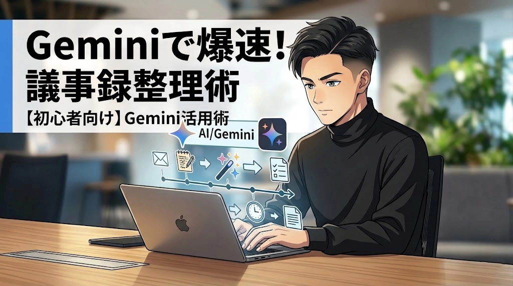 「Geminiで爆速！議事録整理術」の文字が入ったアイキャッチ画像。オフィスでノートPCを操作する男性社員と、乱雑なメモが綺麗なドキュメントに整理されるデータフローのエフェクトが描かれている。初心者向けのGemini活用術。