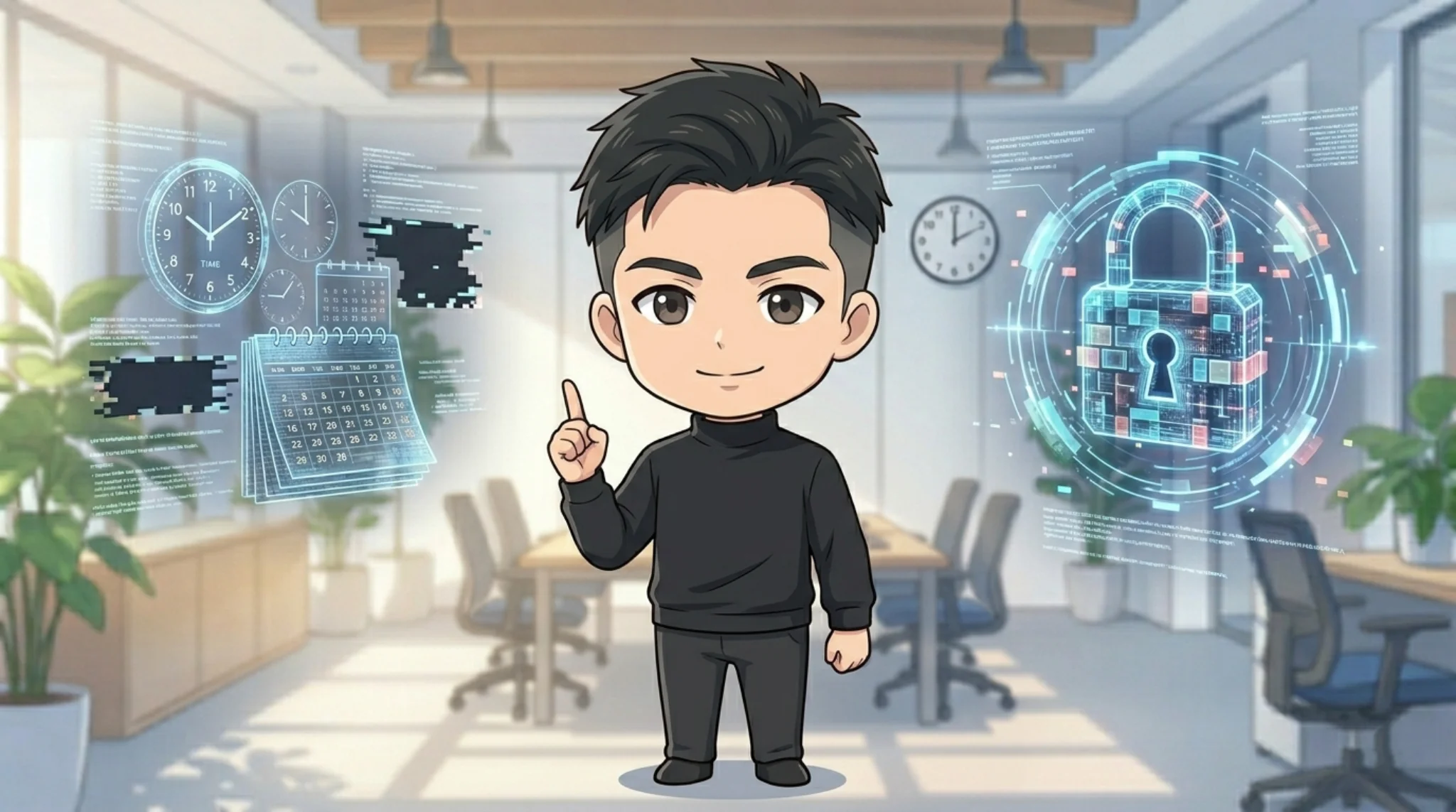 明るいオフィスで、AI利用時のコツとしてバッファ時間の確保と機密情報の保護を笑顔でアドバイスする、日本の中間管理職男性のアニメ風ビジネスイラスト。
