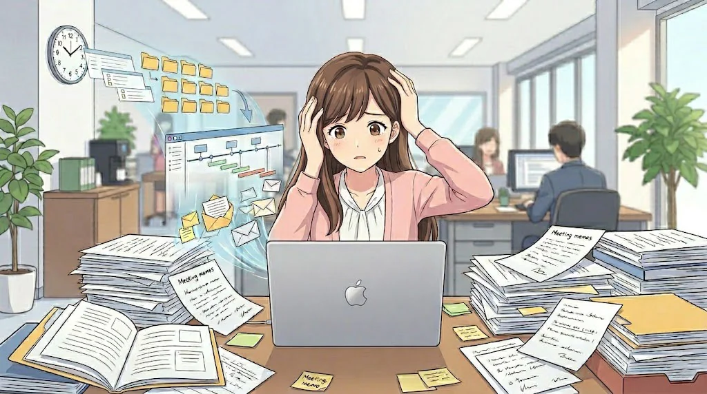 山積みの書類、ノート、複数のデバイスが散乱した、雑然としたデスクで、頭を抱えて圧倒されている疲れた様子のアジア系ビジネスウーマン。Appleのラップトップが置かれている。タスク過多とストレスを表現。