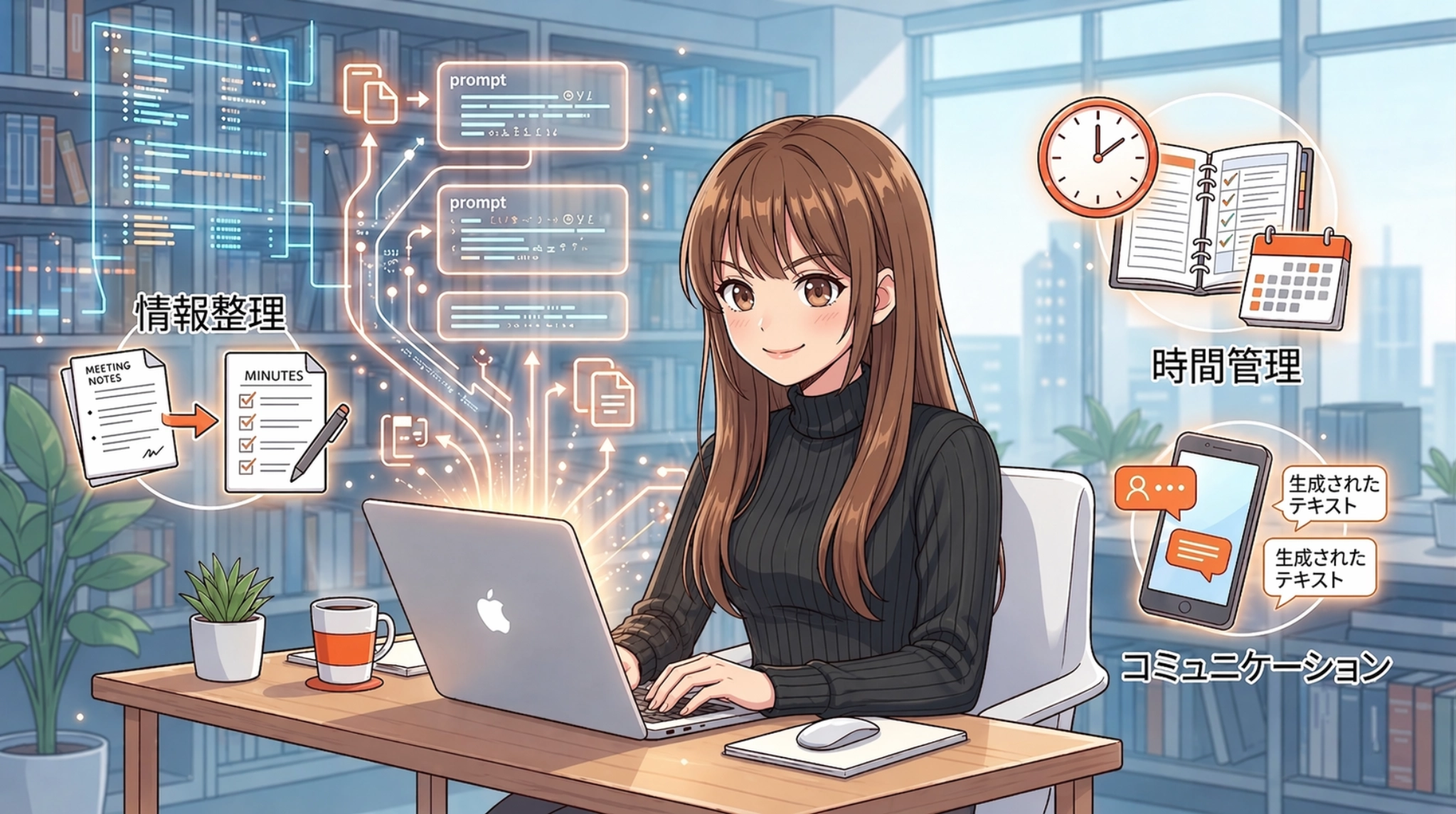 さくらこがノートPCでAIプロンプトを活用し、「情報整理」「時間管理」「コミュニケーション」などの実務を効率化している様子を描いたイラスト