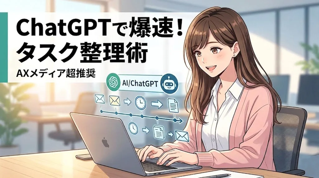 デスクで笑顔を見せる若い日本人ビジネスウーマン。左手に開いたカレンダーとペン、右手にラップトップを持ち、効率的なスケジュール管理とタスク完了を表現している。明るいオフィス背景。