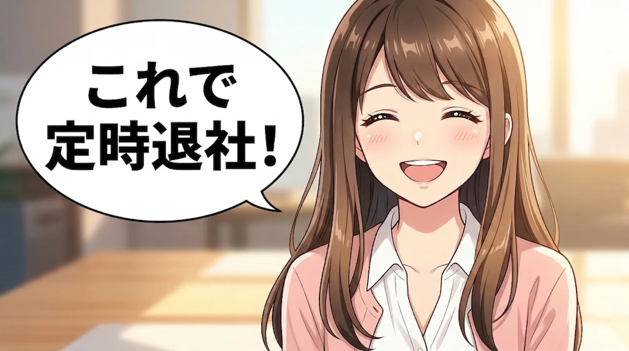 笑顔でオフィスを去る若い日本人ビジネスウーマン。彼女の頭上には、日本語で「定時退社！」または「残業なしでお疲れ様！」といったテキストが含まれる、明るい吹き出しがある。ワークライフバランスの実現を表現。