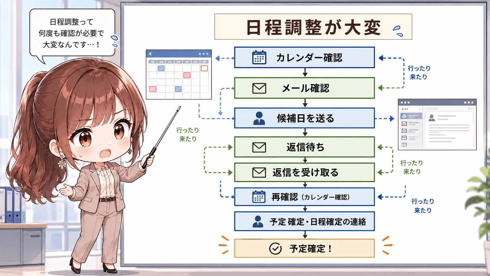 Geminiがカレンダーを自動で読み取る仕組みを解説するちびキャラのさくらこ