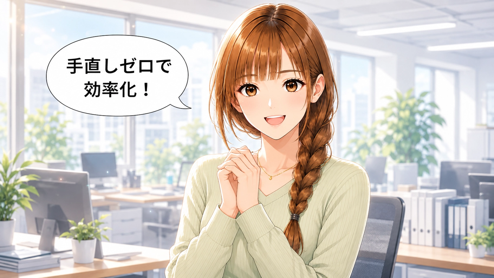 業務効率化の実現を笑顔で呼びかけるさくらこ