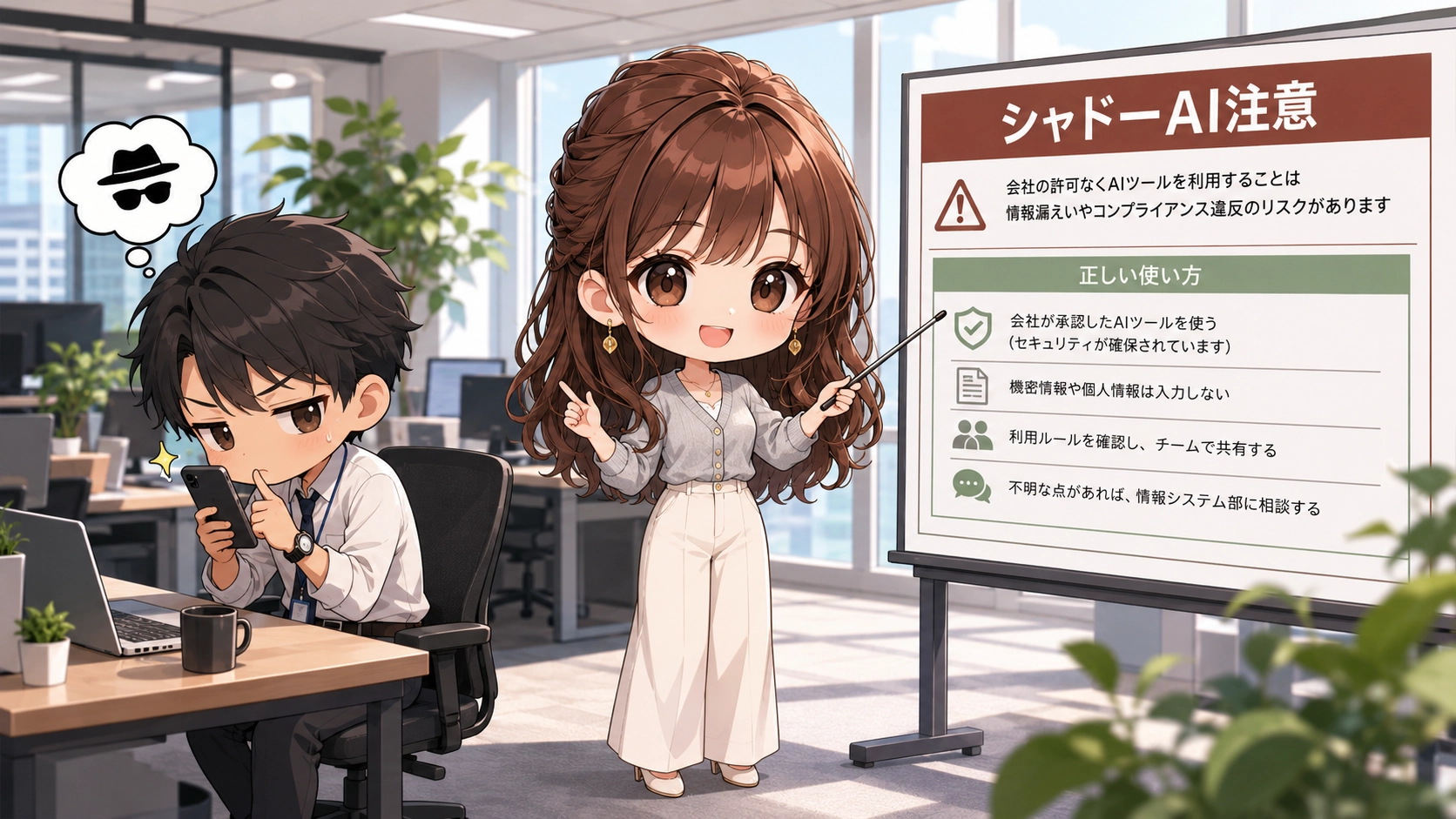 シャドーAIのリスクを解説するちびキャラのさくらこ