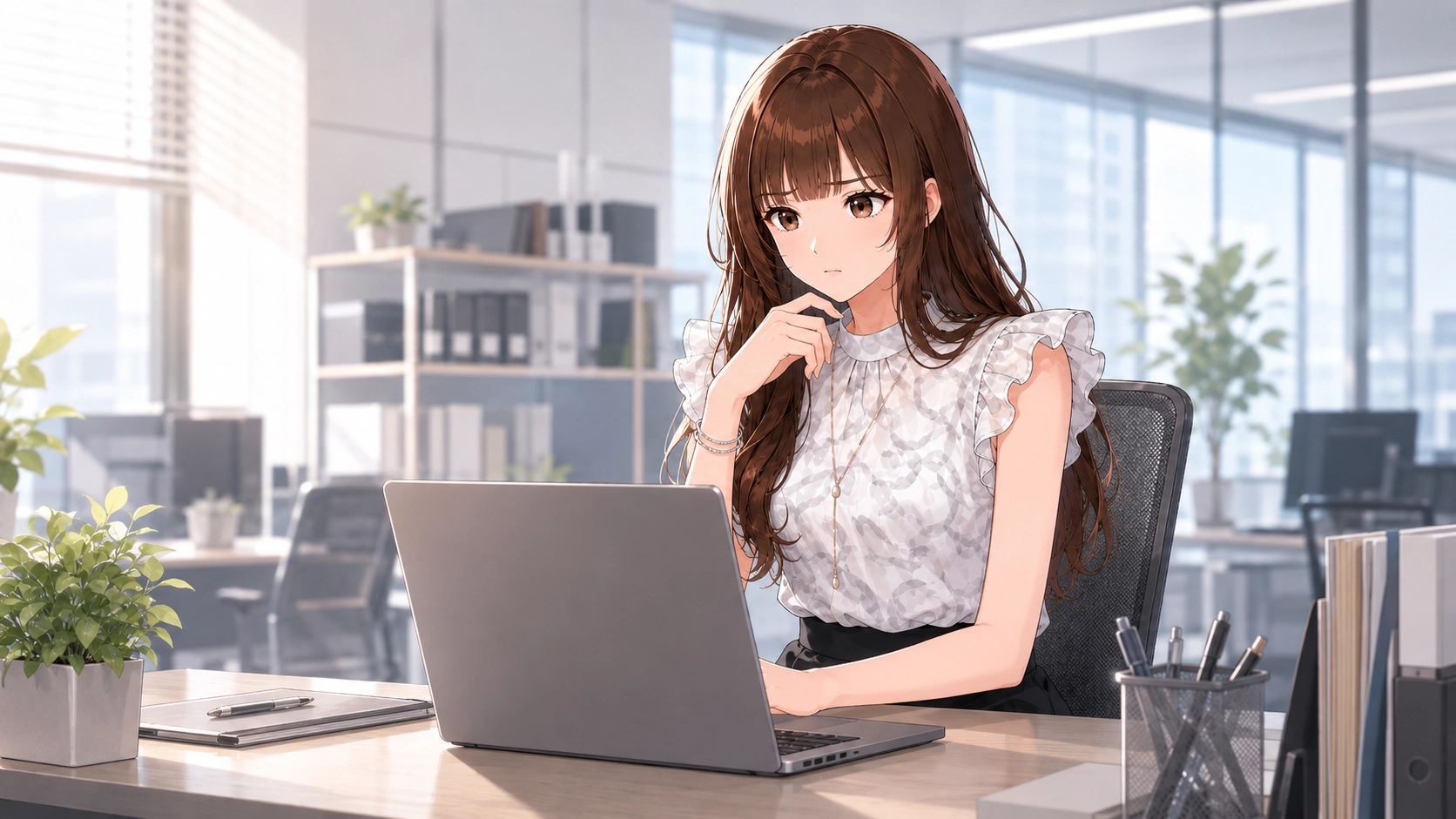 AIの回答をPCで確認し、疑問を持つさくらこ