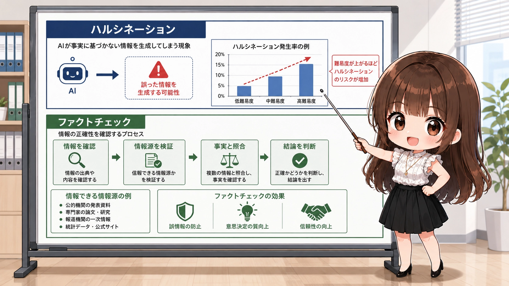 ハルシネーションの仕組みを図解するちびキャラのさくらこ