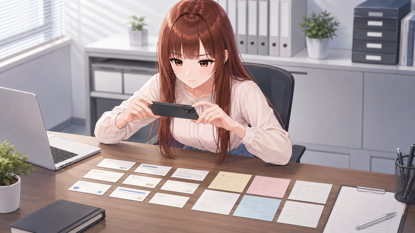 デスク上の名刺や手書きメモをスマホで真上から撮影するさくらこ