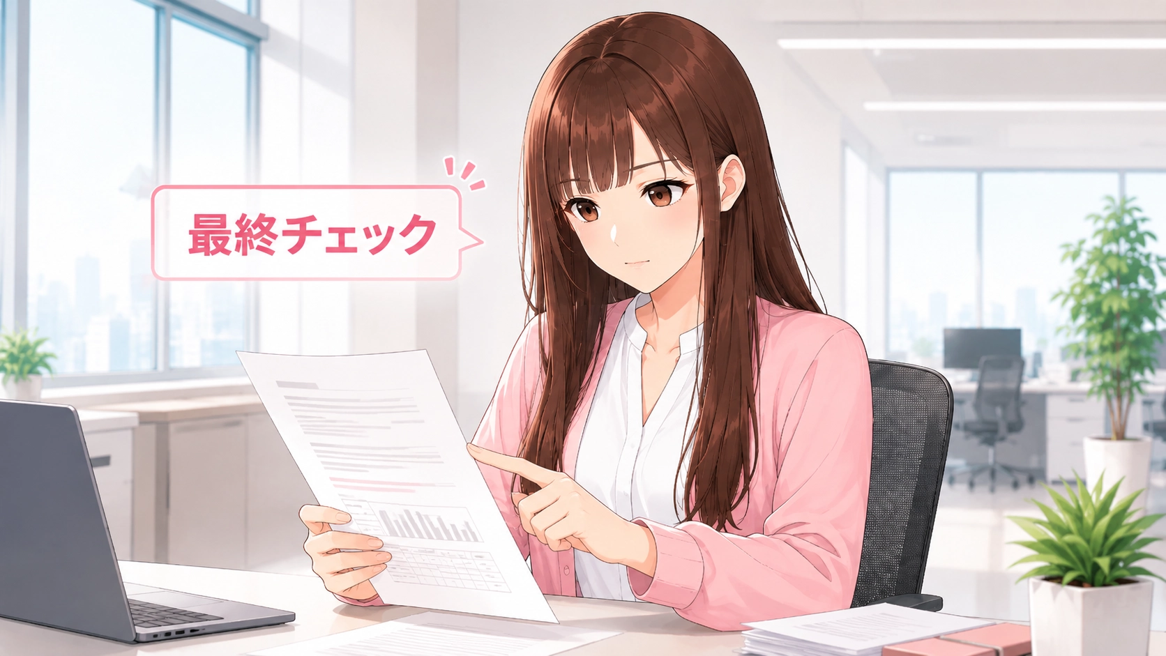 出力された報告書の最終チェックを行うさくらこ