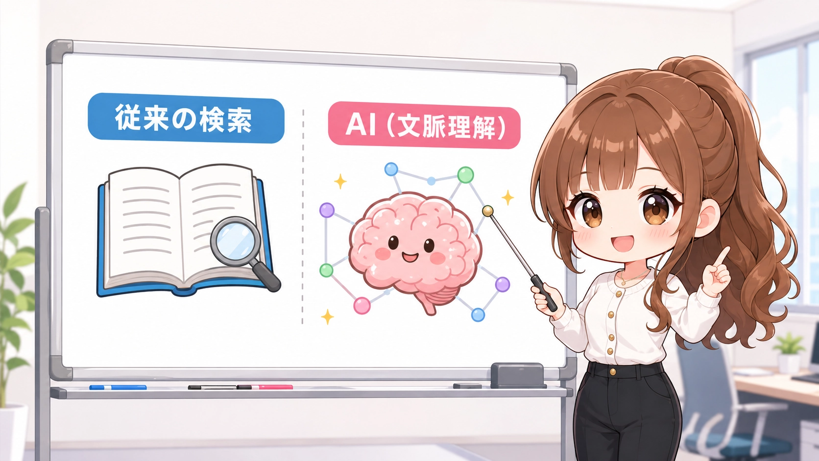 従来の検索とAIの違いを図解で解説するちびキャラのさくらこ