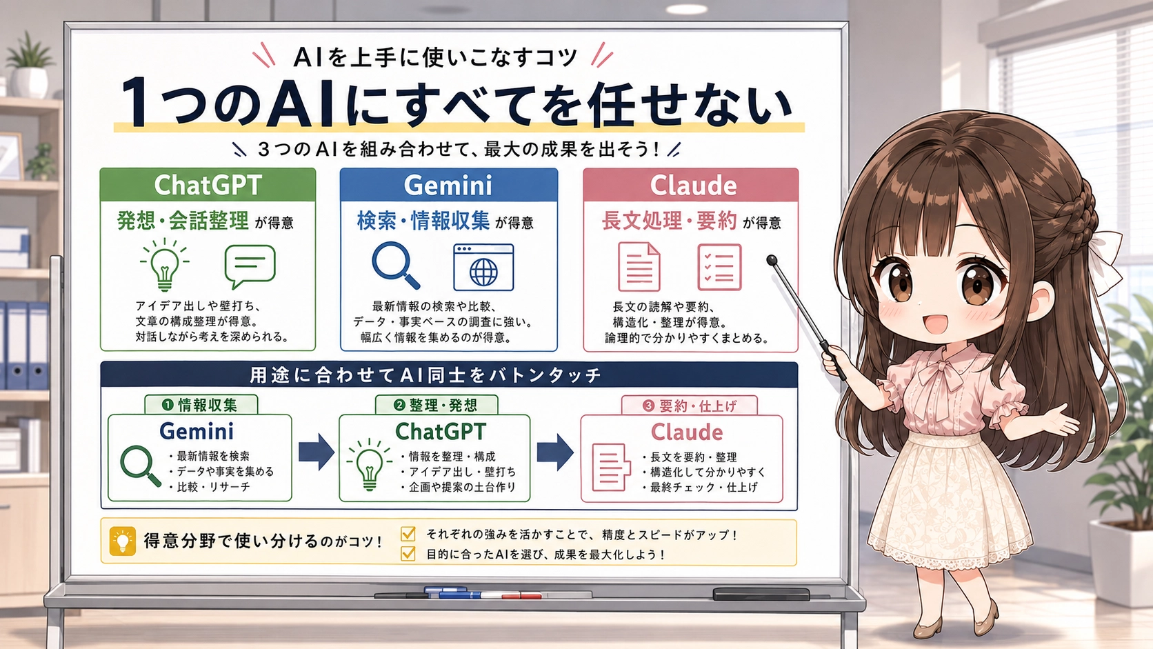 3大AIの特徴を図解で説明するちびキャラのさくらこ