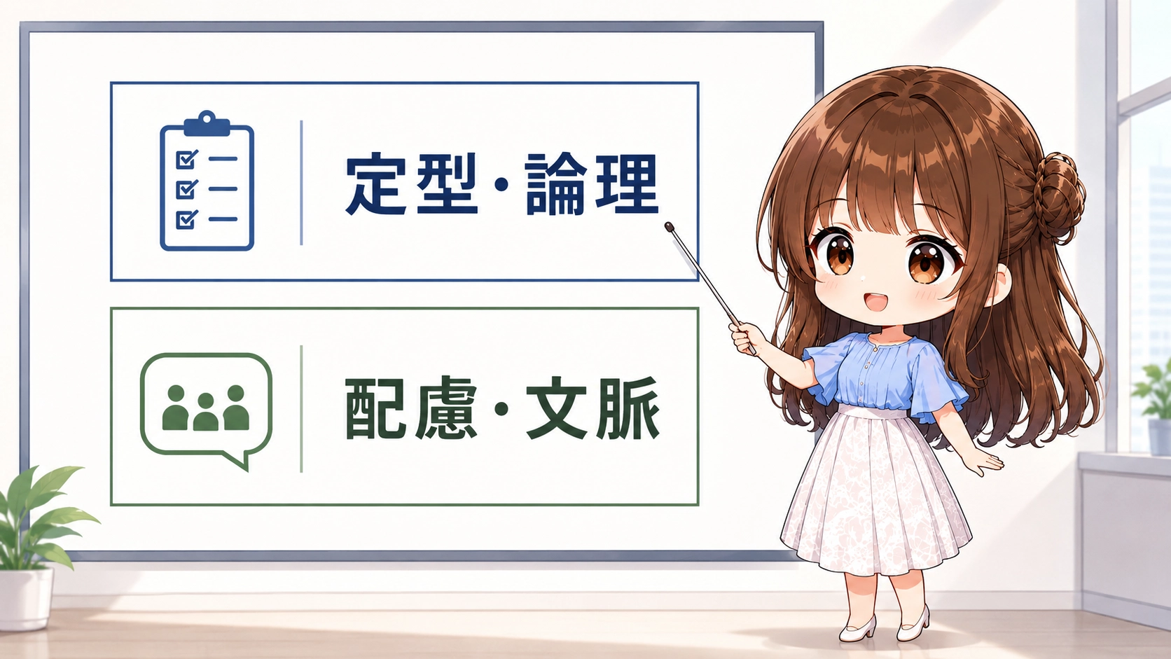 業務ごとの最適なAIを図解で説明するちびキャラのさくらこ