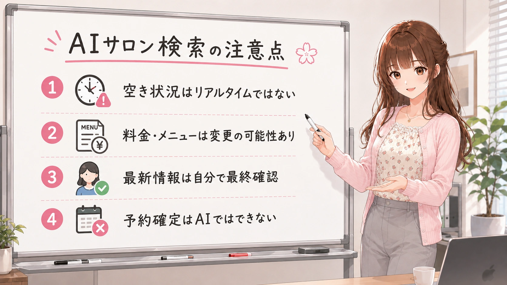 AIのおかげでサクッと条件に合う予約が見つかり、嬉しそうに仕事帰りのサロンに向かうビジネスパーソンの笑顔