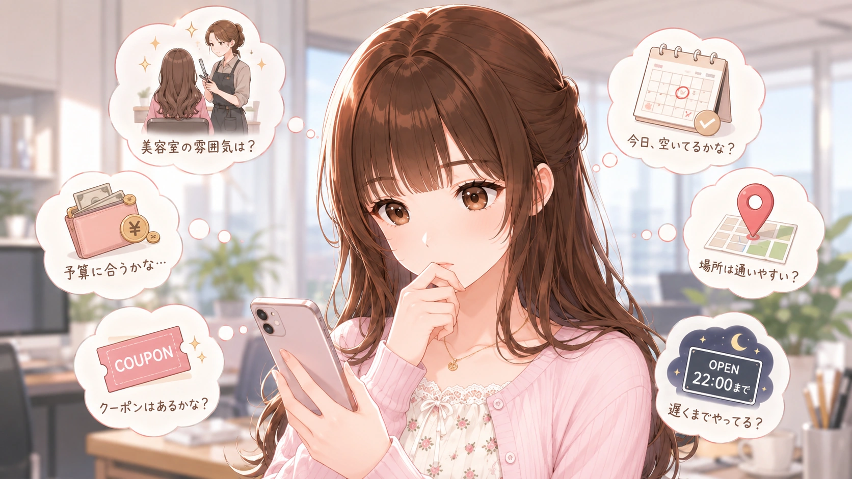 「今日時間が空いたから美容院に行きたいけれど、今から空いている店はあるかな」とスマホで検索に迷う若手社員のイメージ