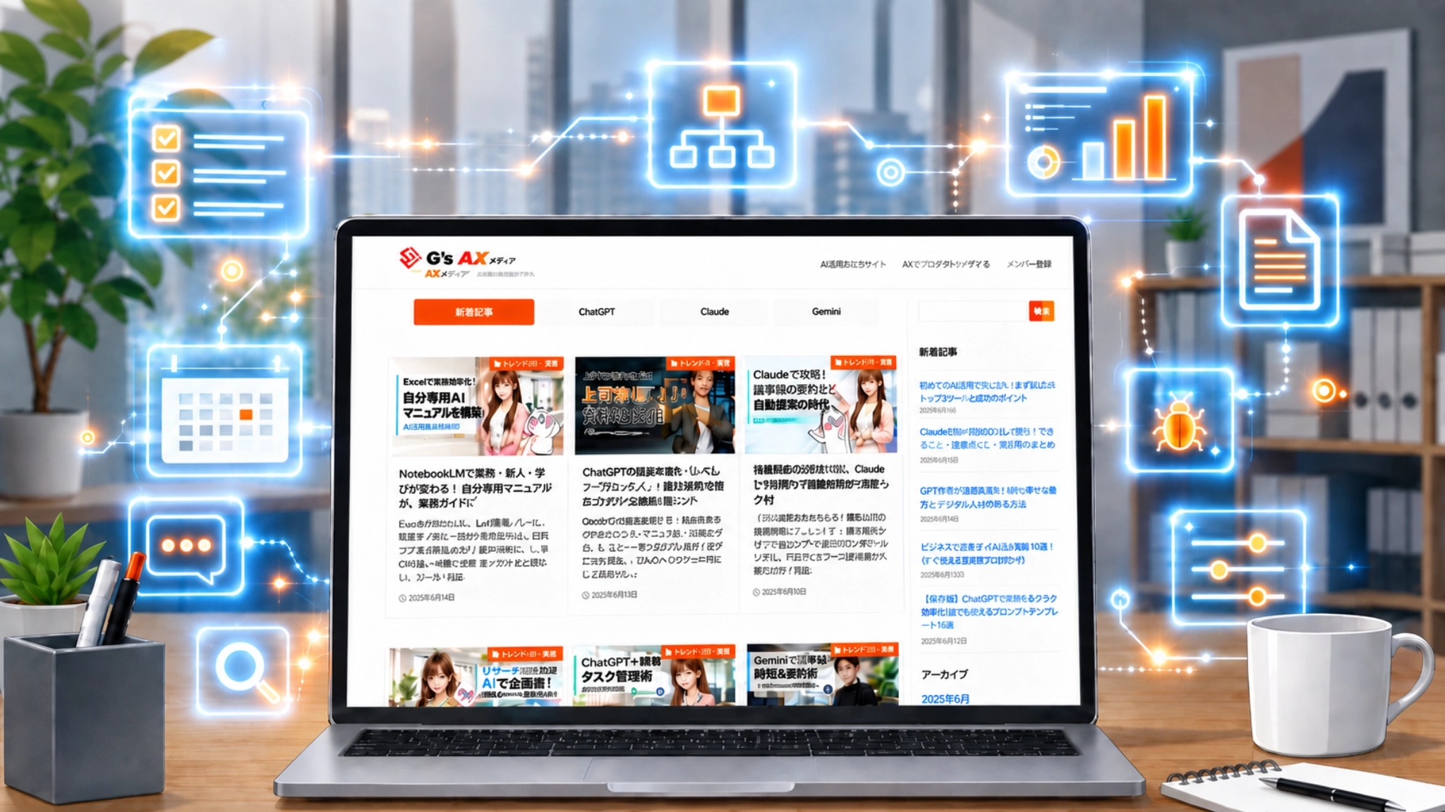 AXメディアのトップ画面が表示されたノートPCと、周囲に浮かぶデータ・検索アイコン。