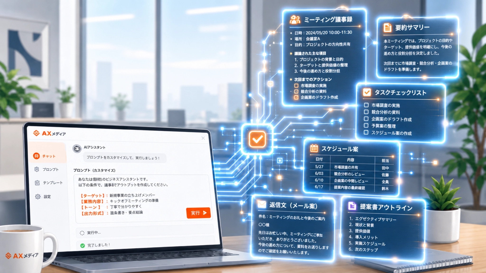 プロンプトを自分用に書き換えて実行し、議事録やスケジュールなどの実務的な成果物が生成されるイメージ図。