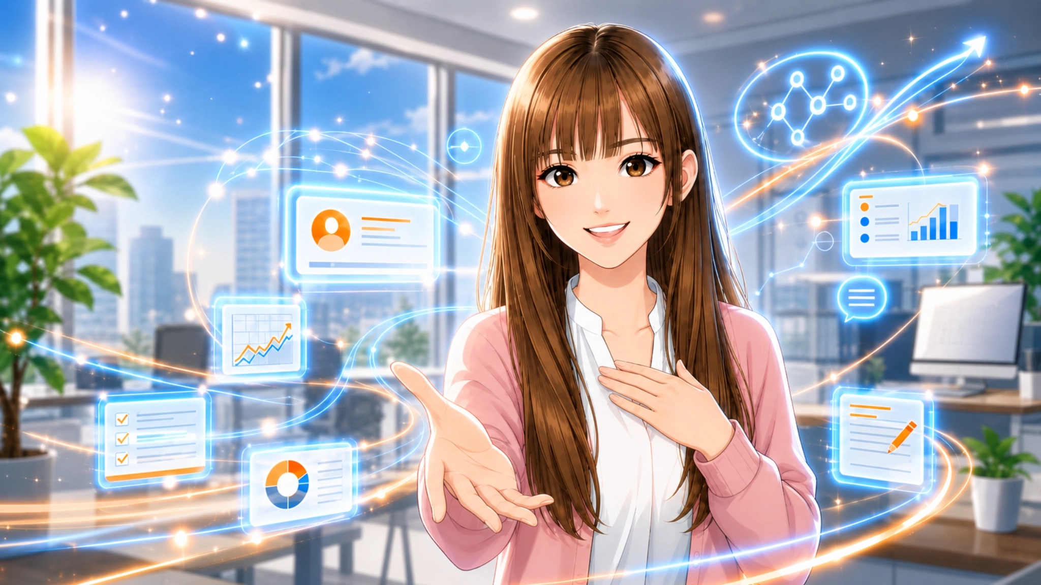 微笑みながら手を差し出すさくらこと、周囲に浮かぶAI活用を象徴するホログラムUI。。