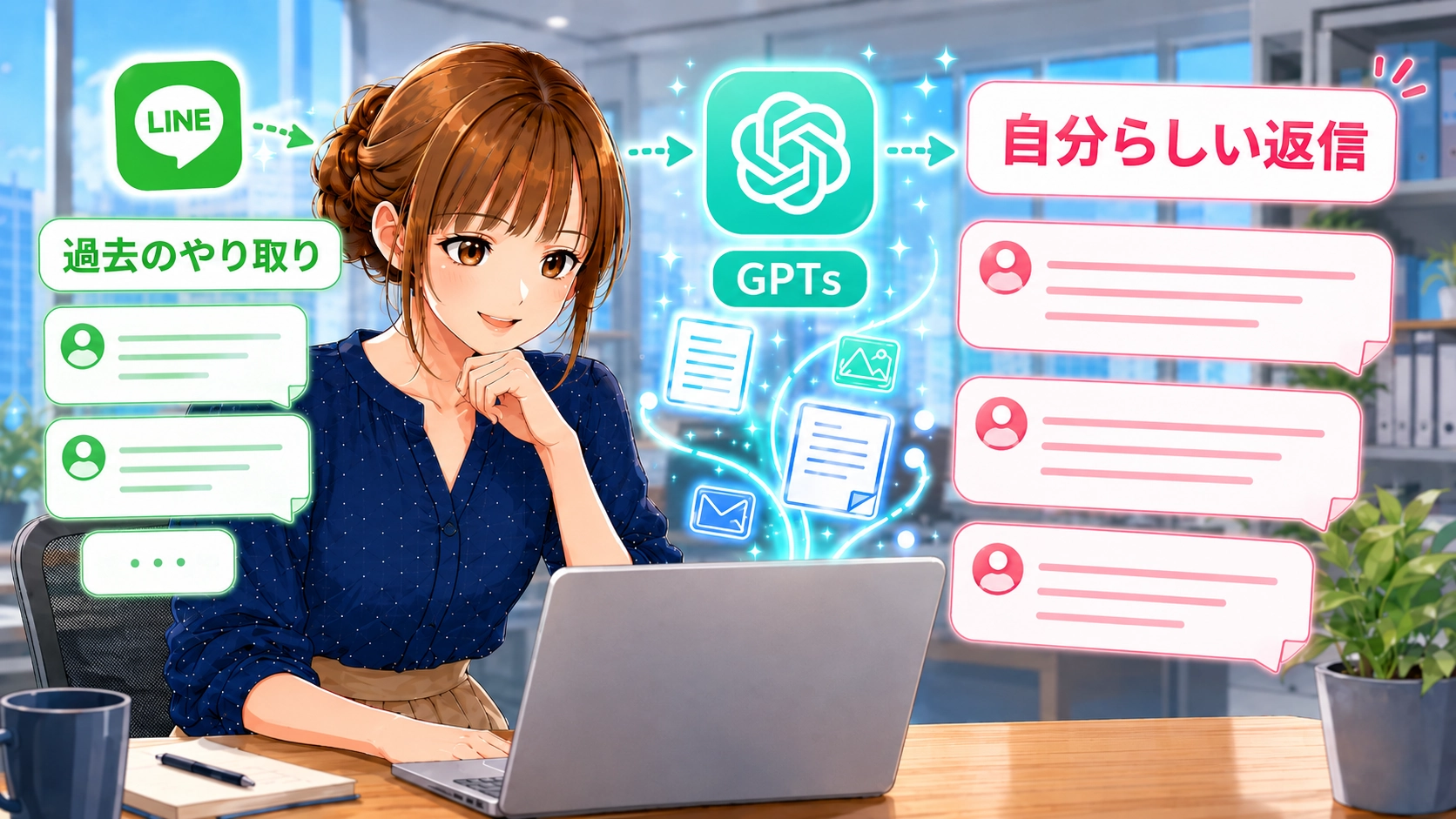 上司LINE返信用GPTsを作る流れを示した実践ステップの図解画像