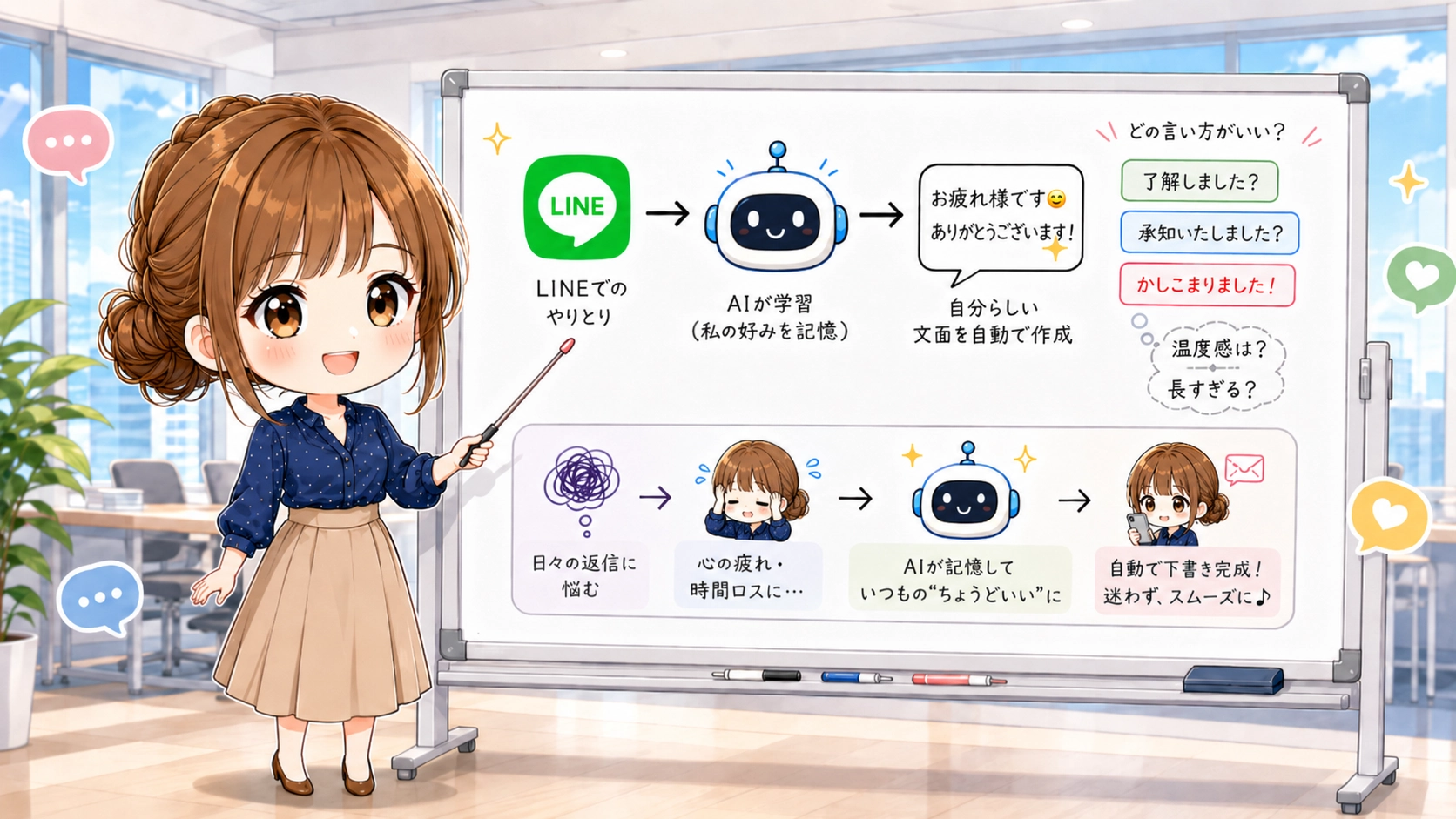 上司へのLINE返信で悩みやすいポイントを整理したホワイトボード風の解説画像