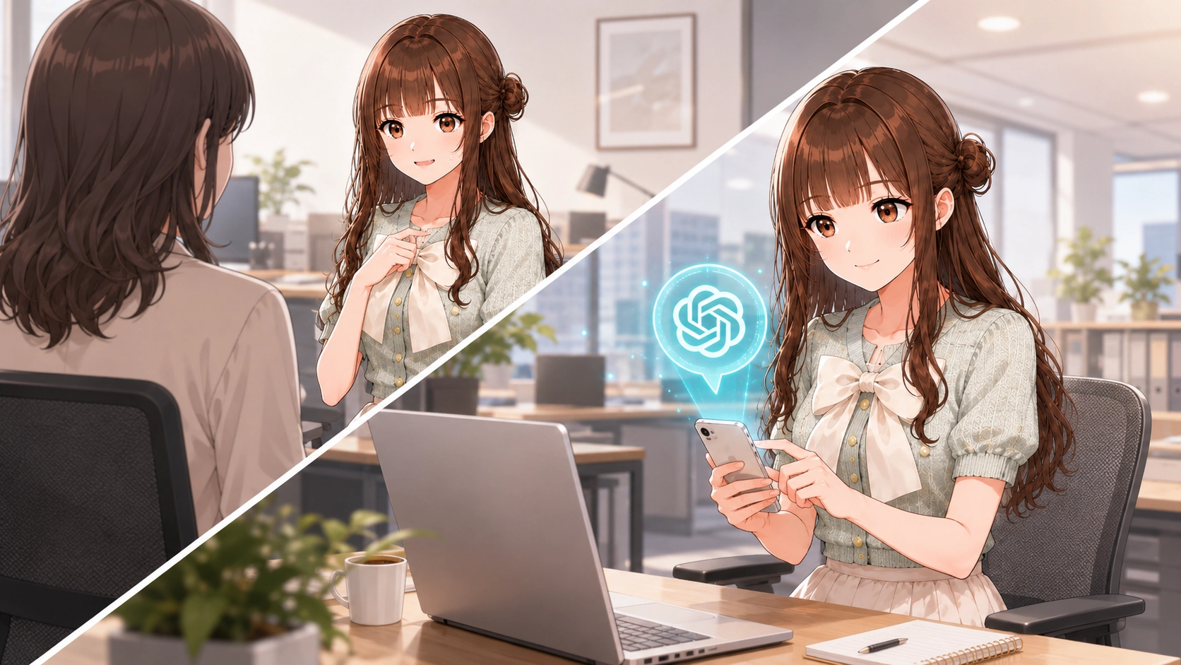 スマートフォンの音声入力を使って、「えーっと」「あ、やっぱり」と悩みながらAIに話しかけている様子