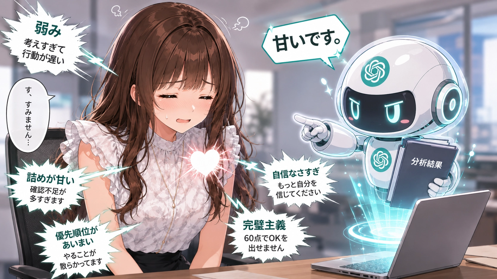 ChatGPTに自己分析を依頼し、その客観的なフィードバックに驚くビジネスパーソンのイメージ