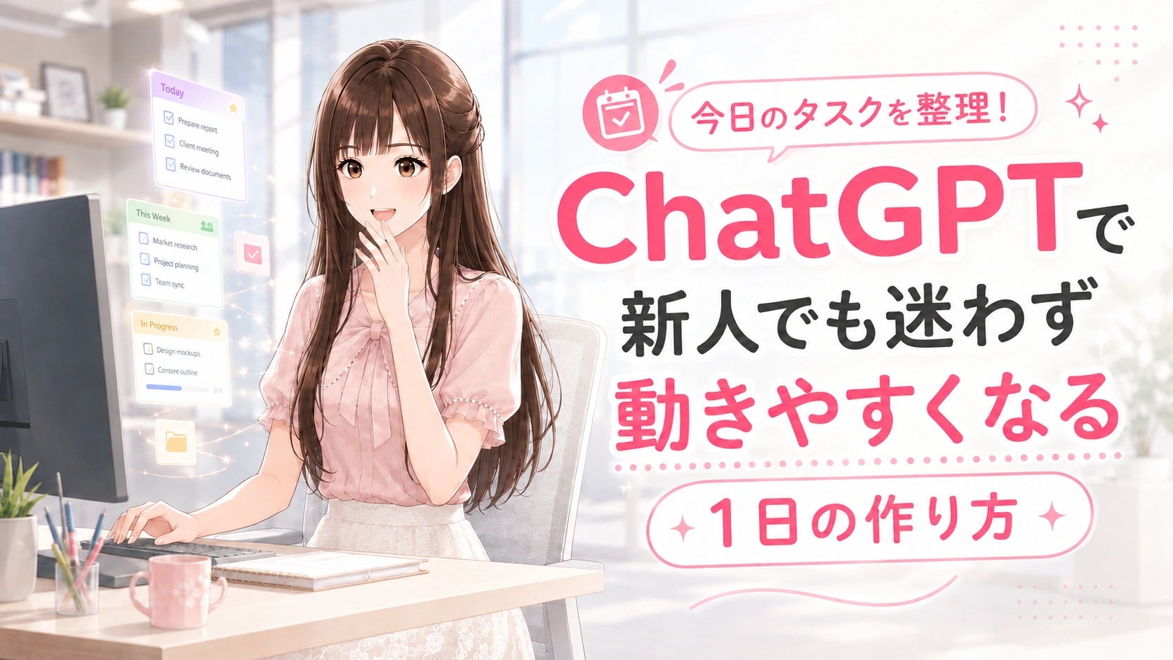 PCを前に、笑顔で画面を見るさくらこのアイキャッチ画像