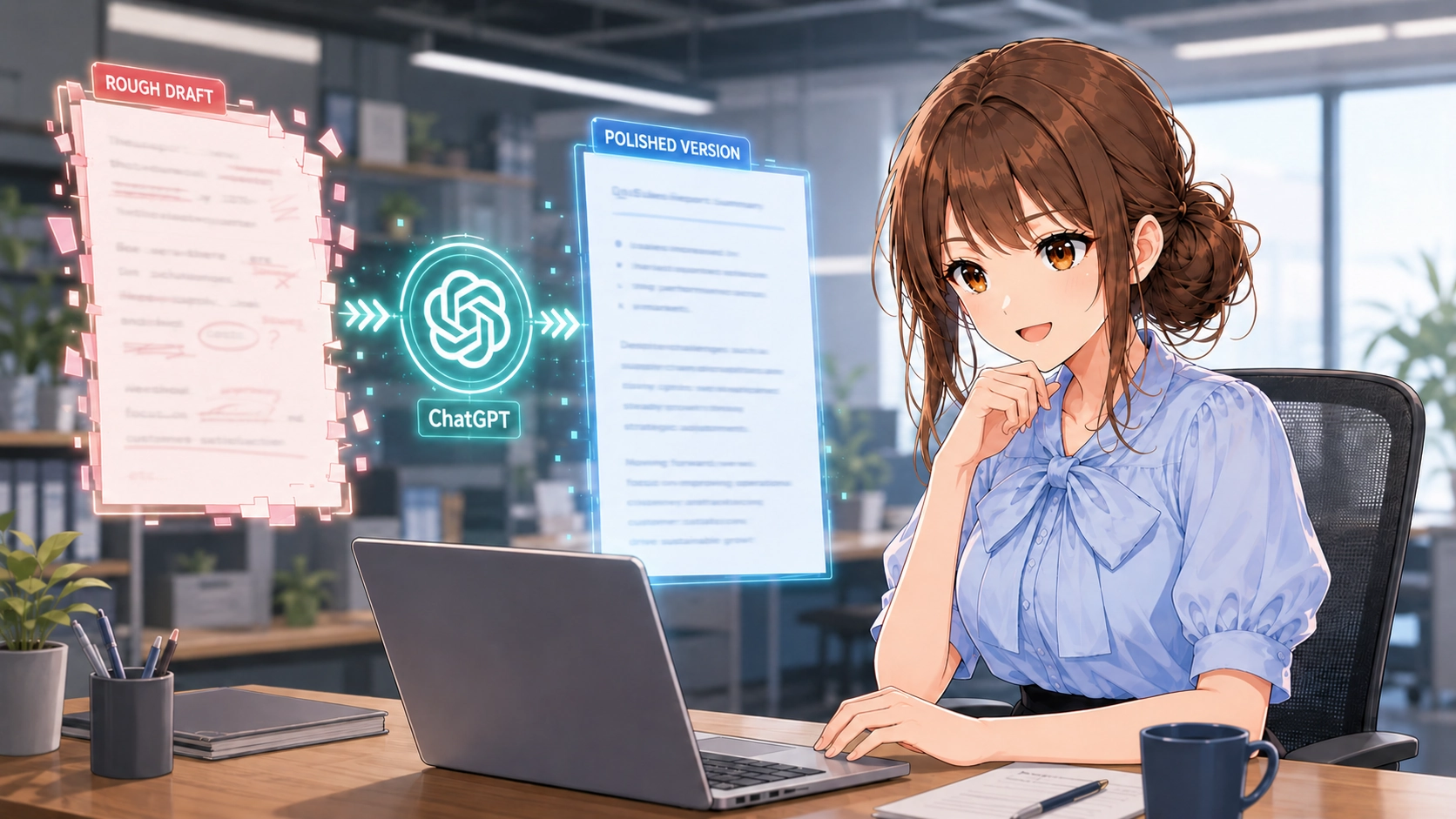 自信を持って綺麗なビジネスメールを送信し、笑顔になるビジネスパーソン