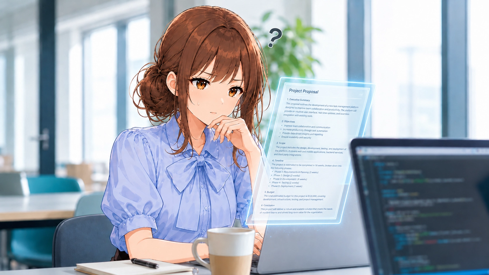 作成した文章の違和感に悩み、PCの前で首をかしげる若手社員のイメージ