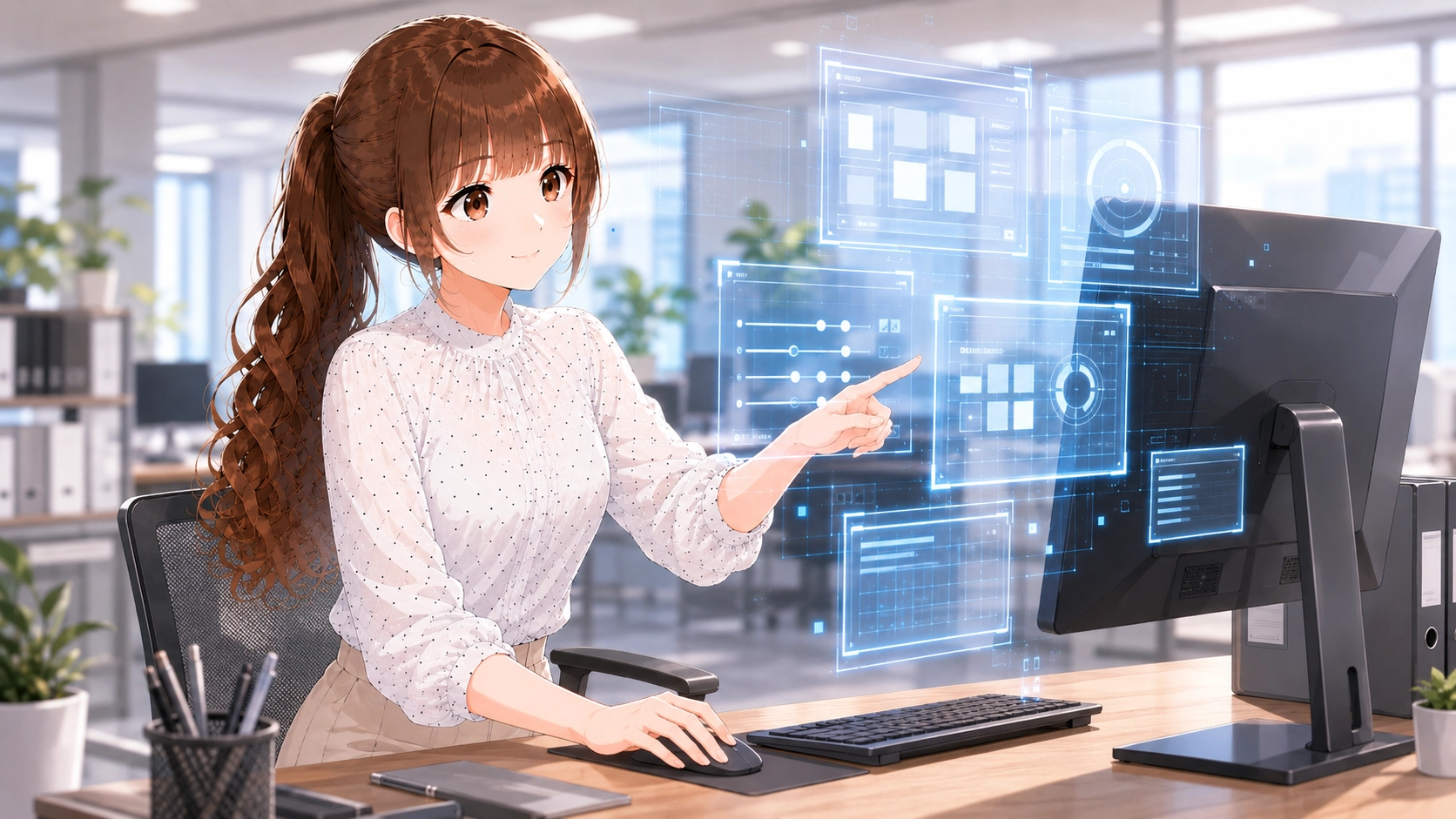PC画面の前で設定画面をスムーズにナビゲートする日本人女性