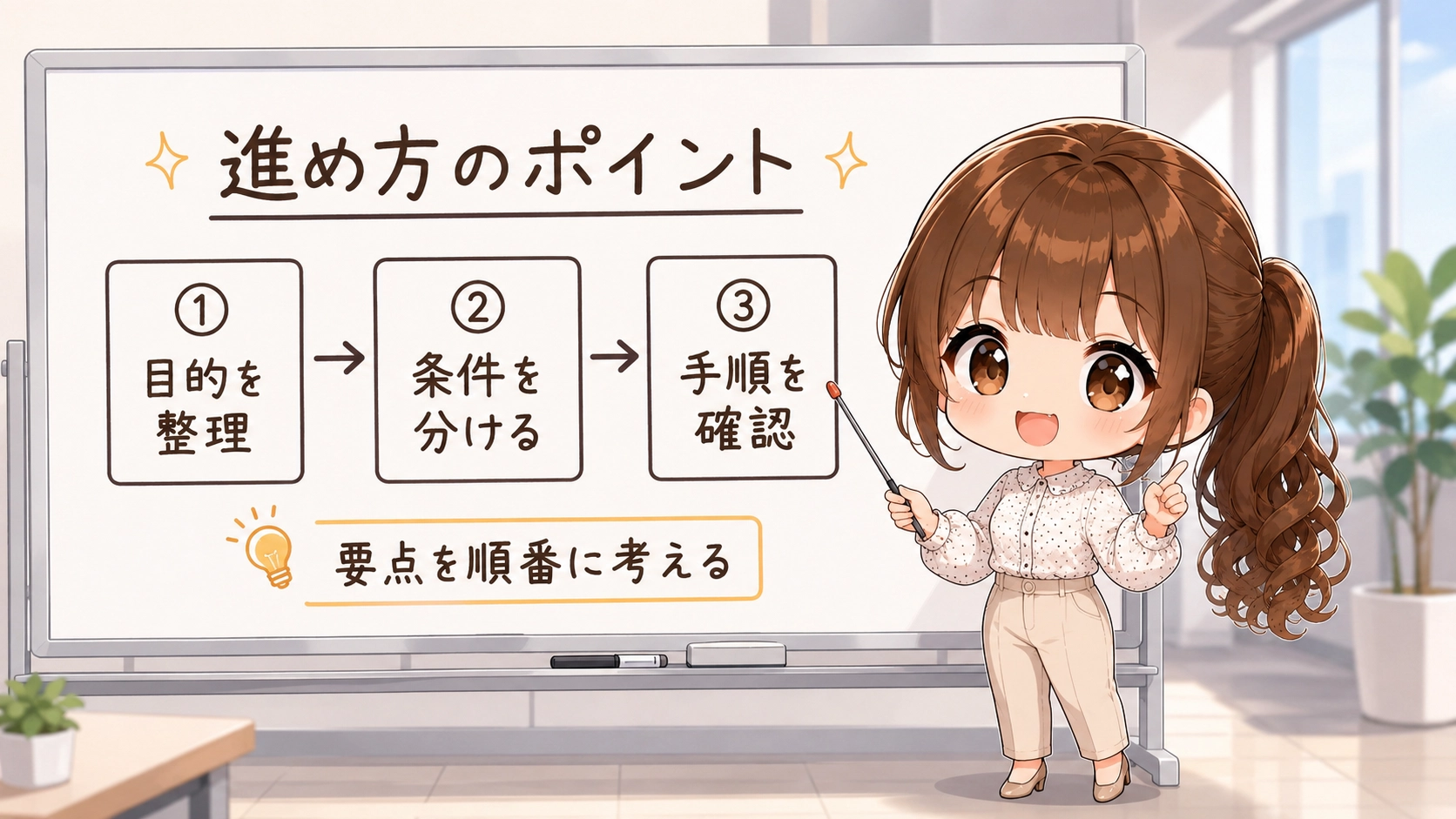 ホワイトボードを使って3つのメリットを論理的に解説する女性のちびキャラ