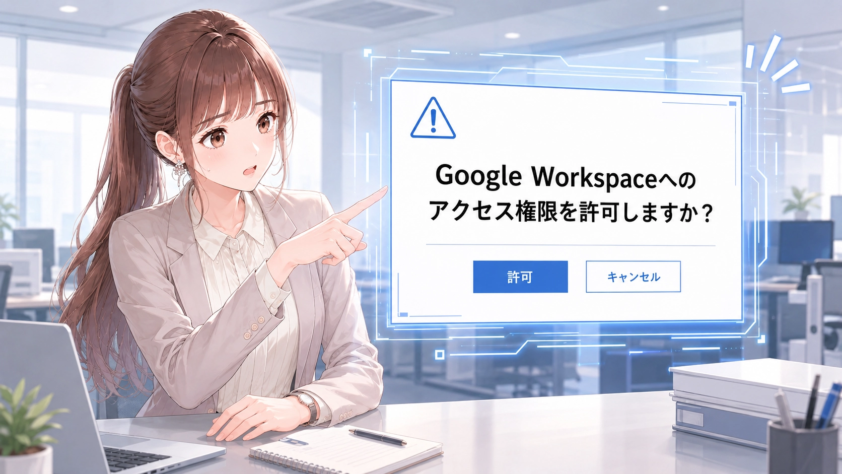 アクセス権限許可のポップアップ画面を指差し注意喚起するさくらこ