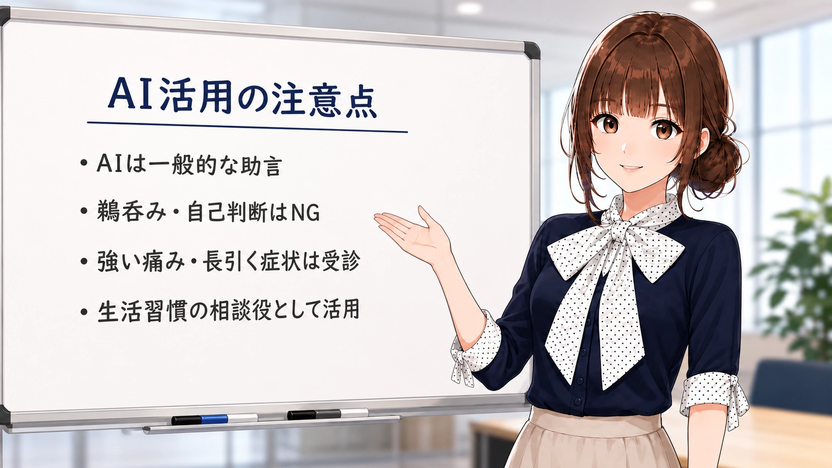 AIのアドバイスを元に体調を整え、健康でハツラツとした笑顔で毎日を過ごすビジネスパーソン