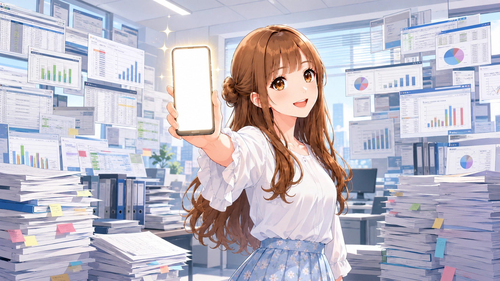 膨大な資料に悩むビジネスパーソンにスマホを見せるさくらこ