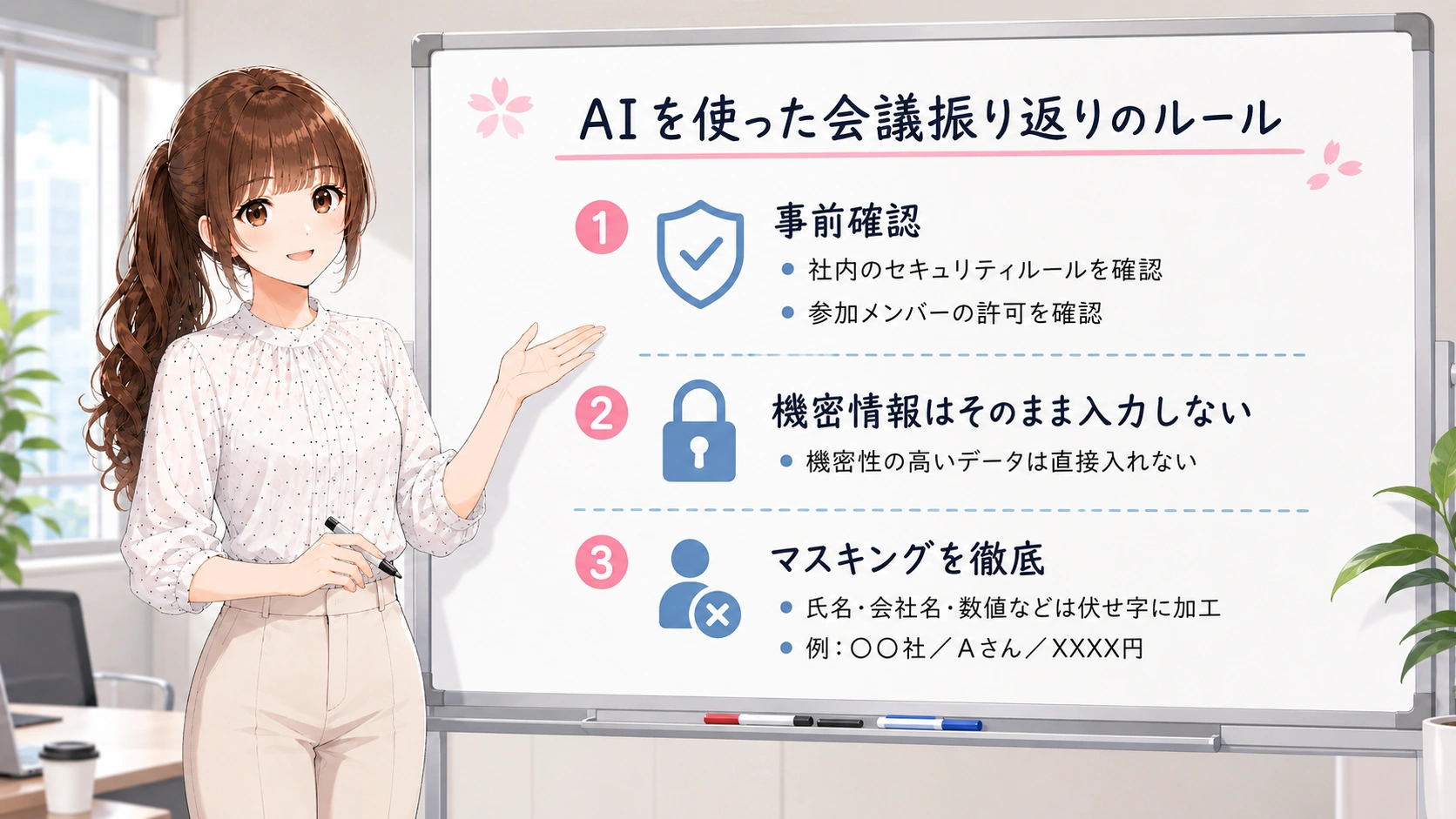 AIを使って会議の内容を完璧に理解し、自信を持って次のタスクに進む若手社員の笑顔