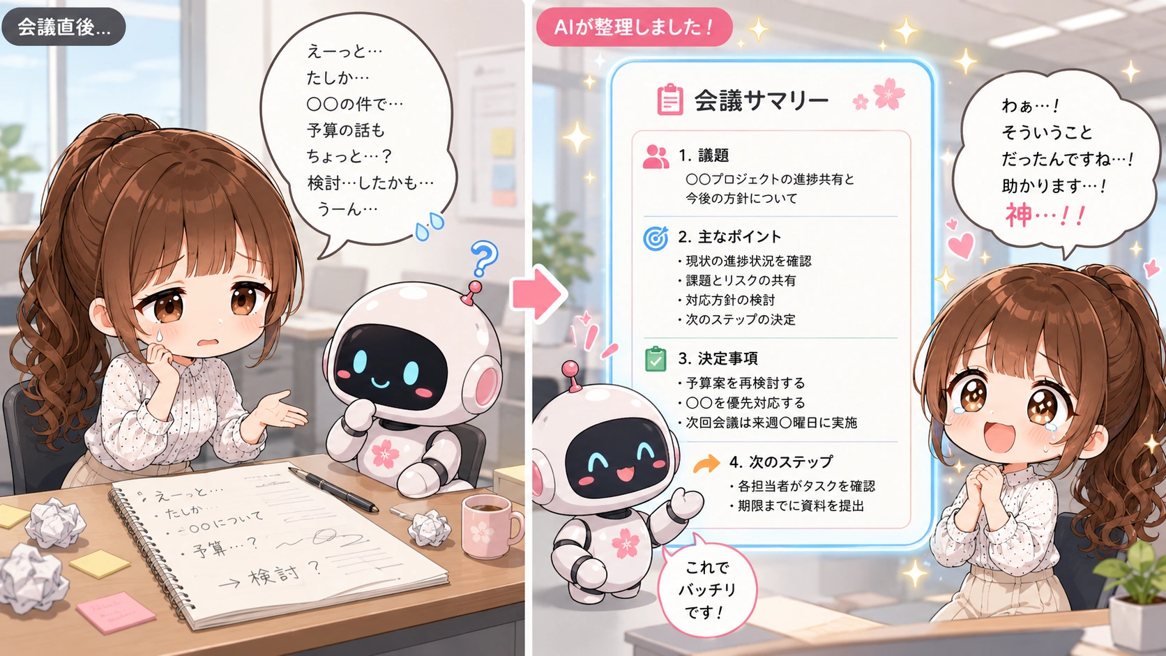 コピペしてそのまま使える「会議後の秘密の振り返り」プロンプトのイメージ