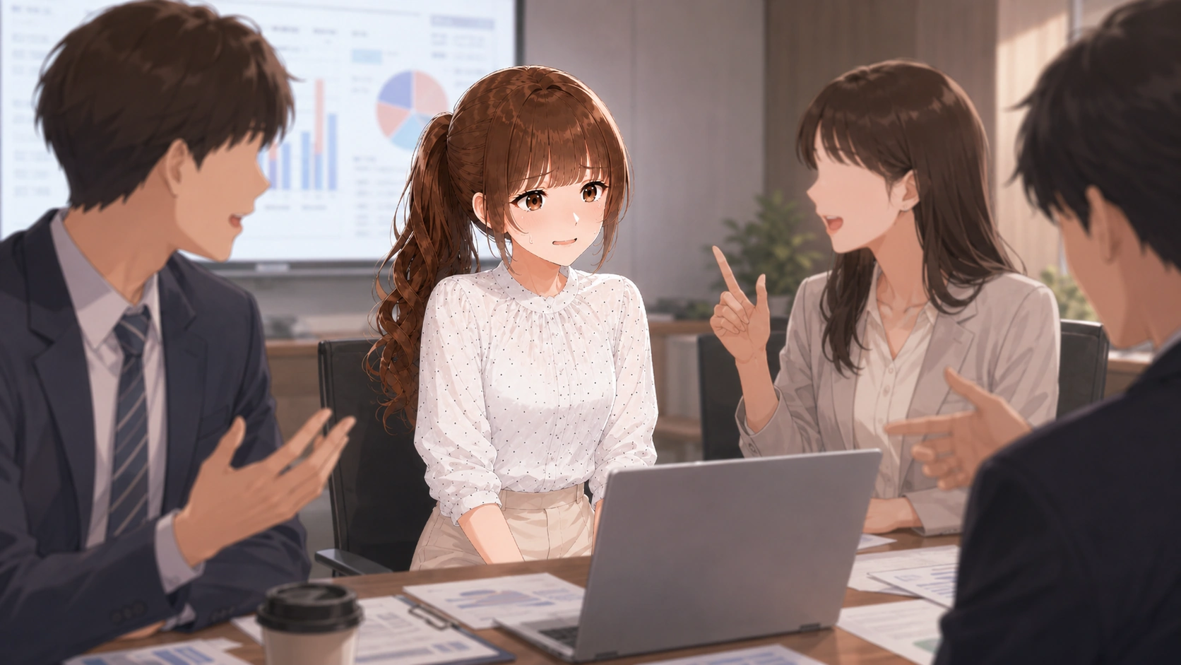 会議後に「内容が理解できなかった」とデスクで一人焦り、頭を抱える新入社員のイメージ