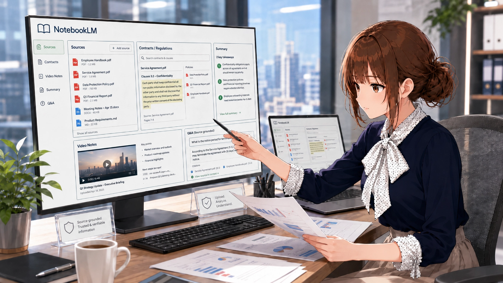 NotebookLMの画面を見ながら手元の資料と照らし合わせて情報分析を行うさくらこ