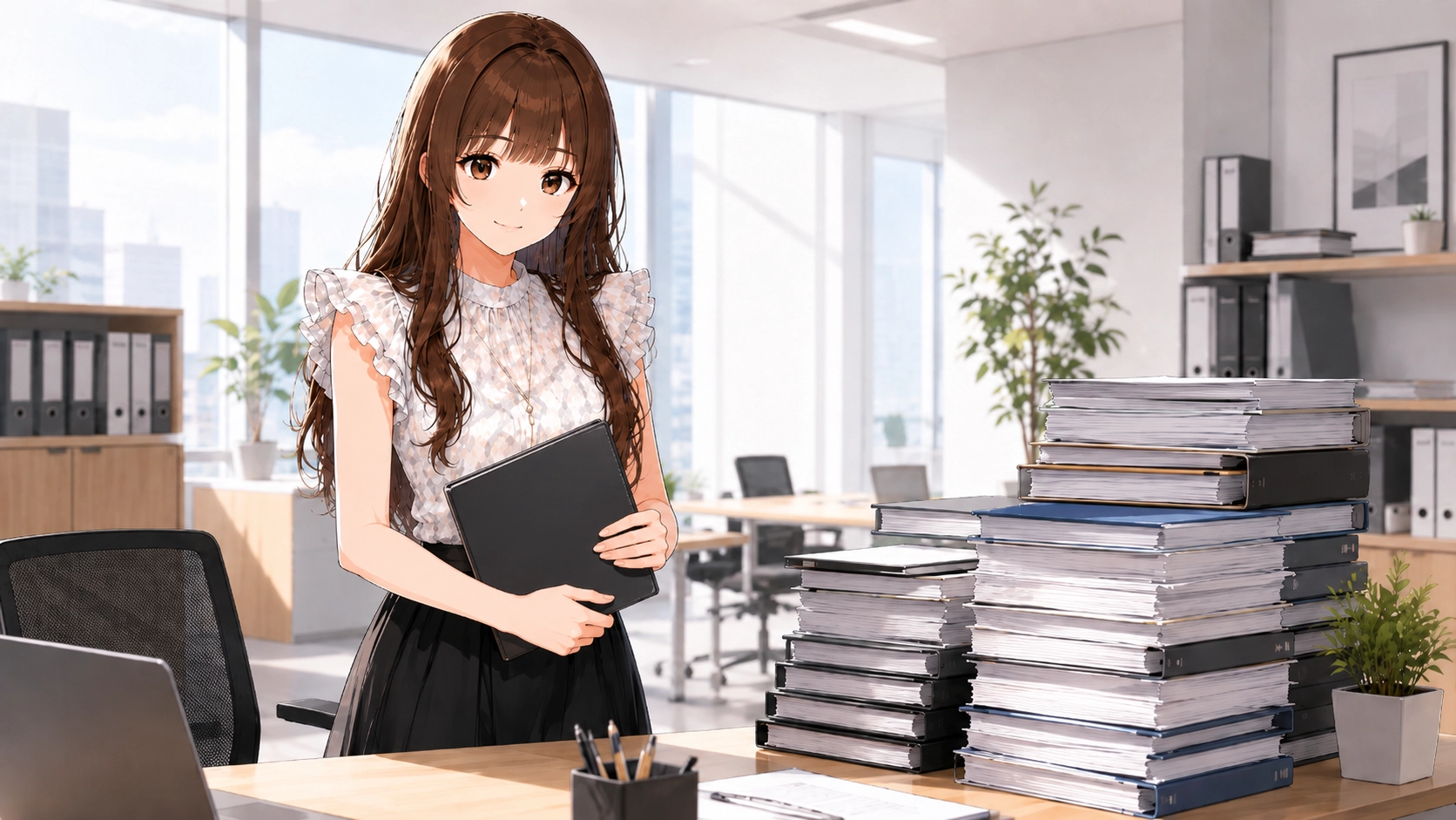 山積みの社内マニュアルを前に解決策を提示するさくらこ