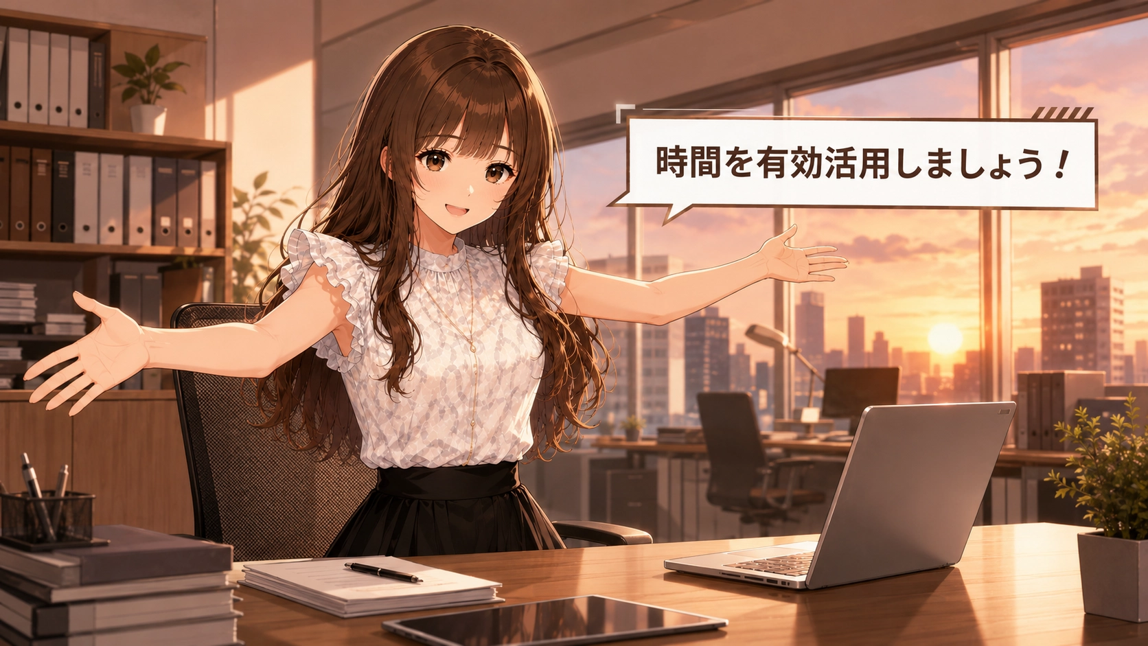 笑顔で業務効率化の成功を喜ぶさくらこ